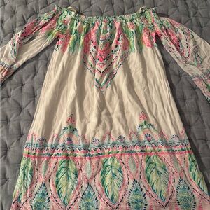 Lilly Pulitzer Off-Shoulder Dress in Cream with Pink and Green Accents